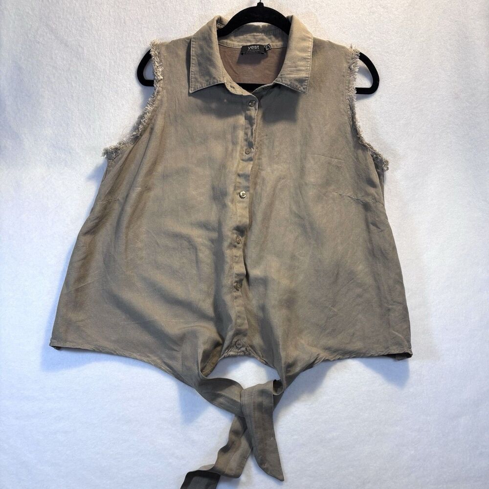 YEST Women’s 12 Brown Sleeveless Shirt Button Up Front Tie Frayed Raw Armholes